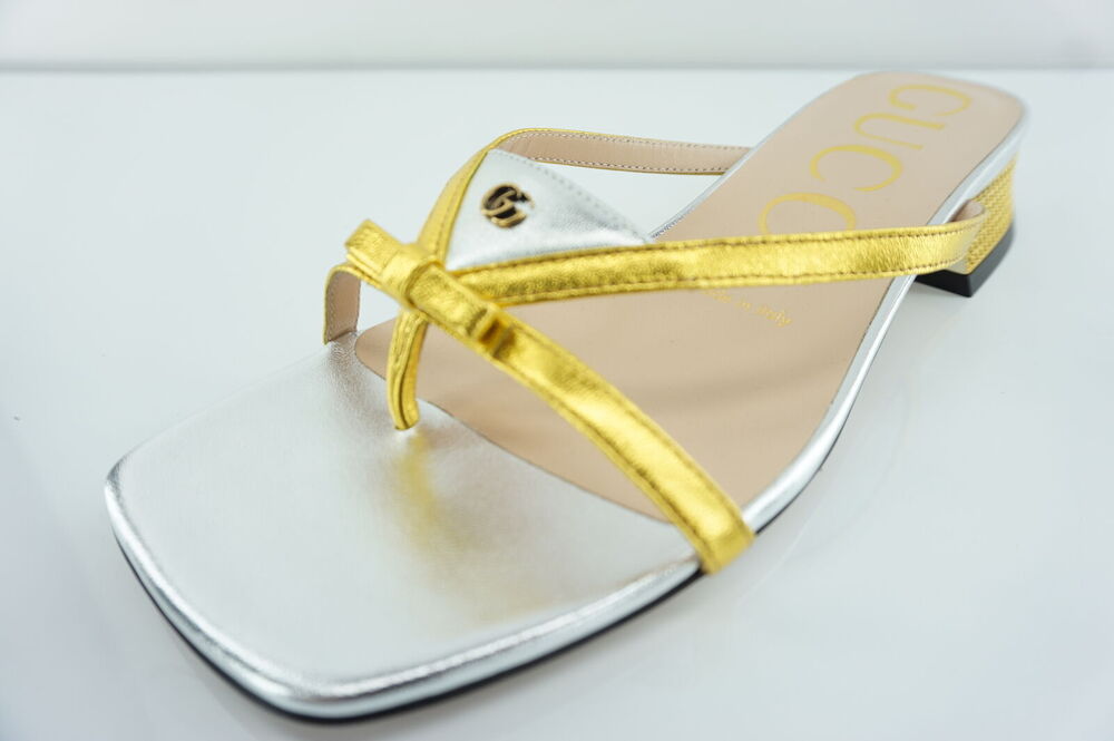 Gucci Alison Bow Gold Silver Strappy Metallic Sandals Size 36 New $750 Logo